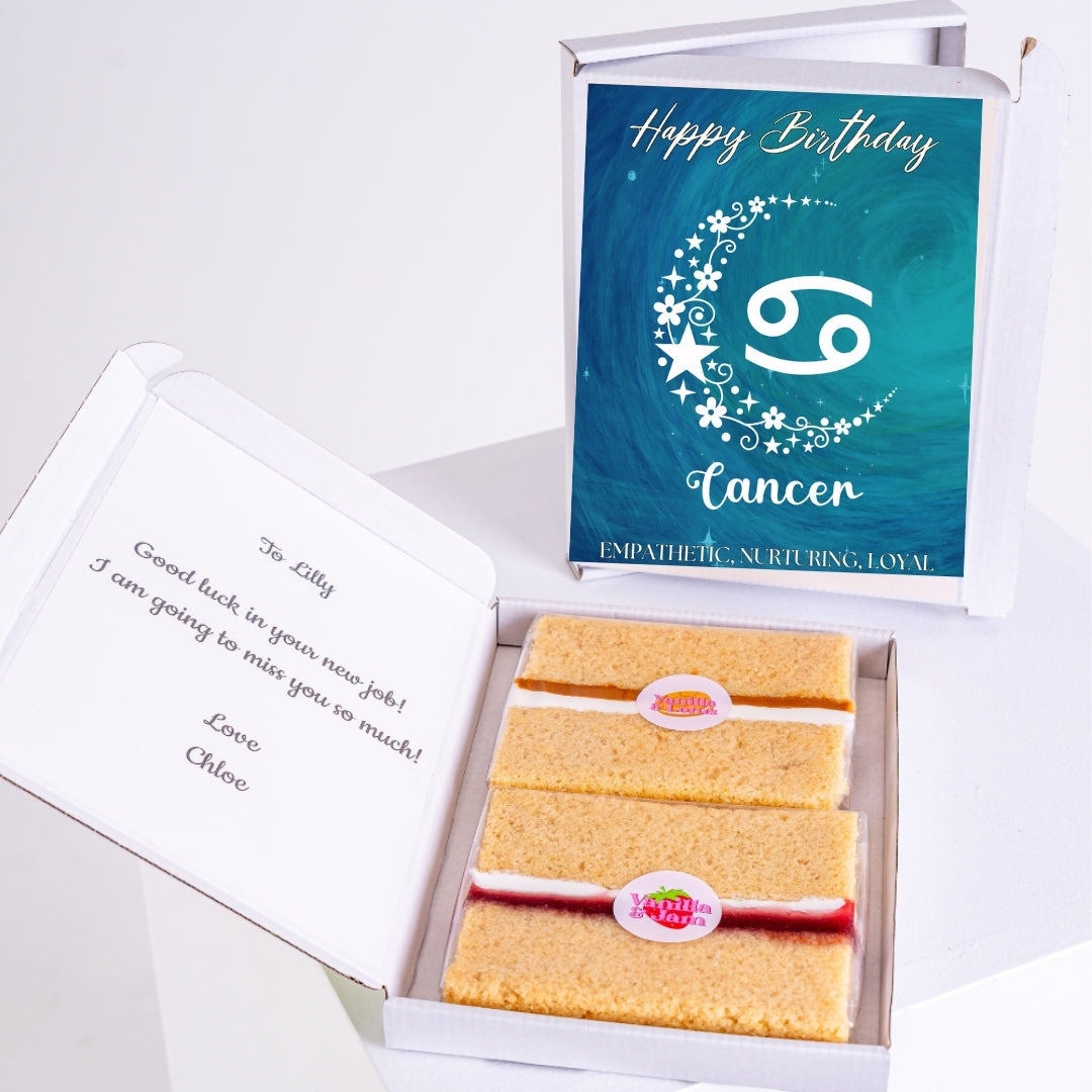 Letterbox cake gift with Cancer birthday design