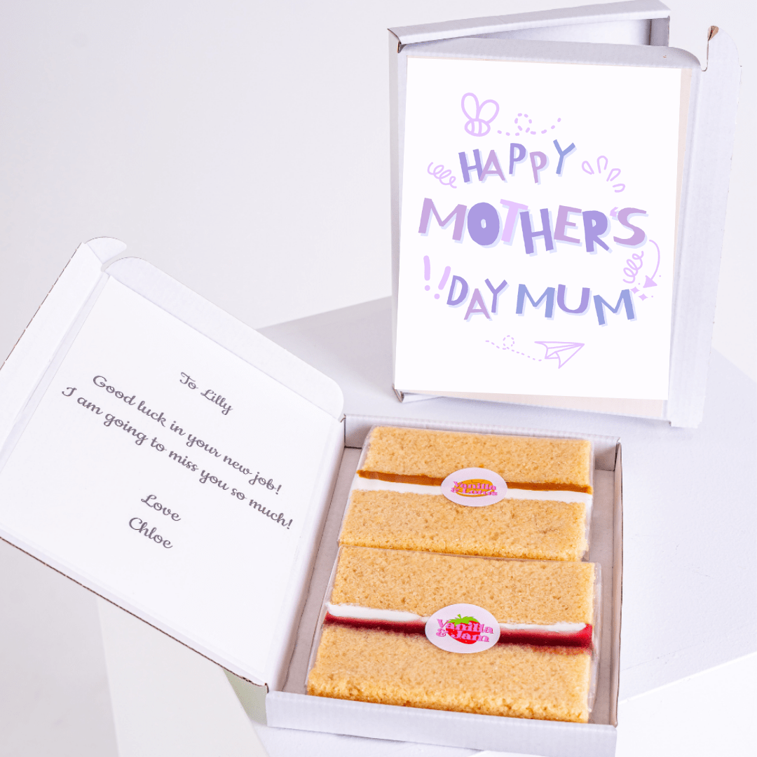 Mother's Day cake gift box with card, farewell message for Lilly.