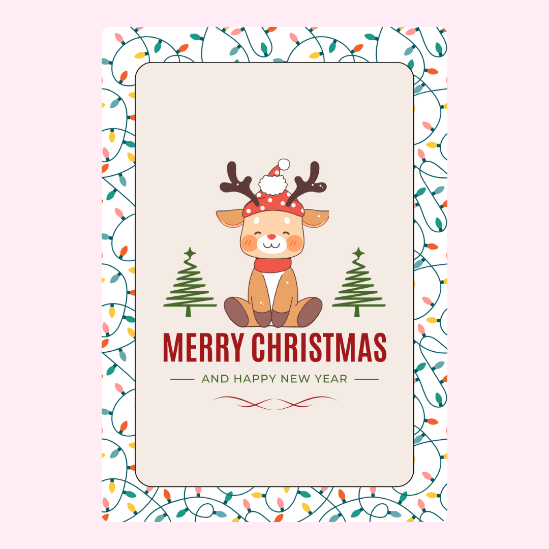 Christmas card with reindeer and lights