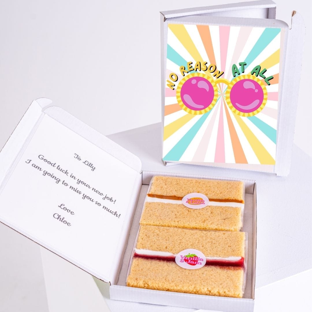 Gift box with cake and 'No Reason At All' card, for Lilly