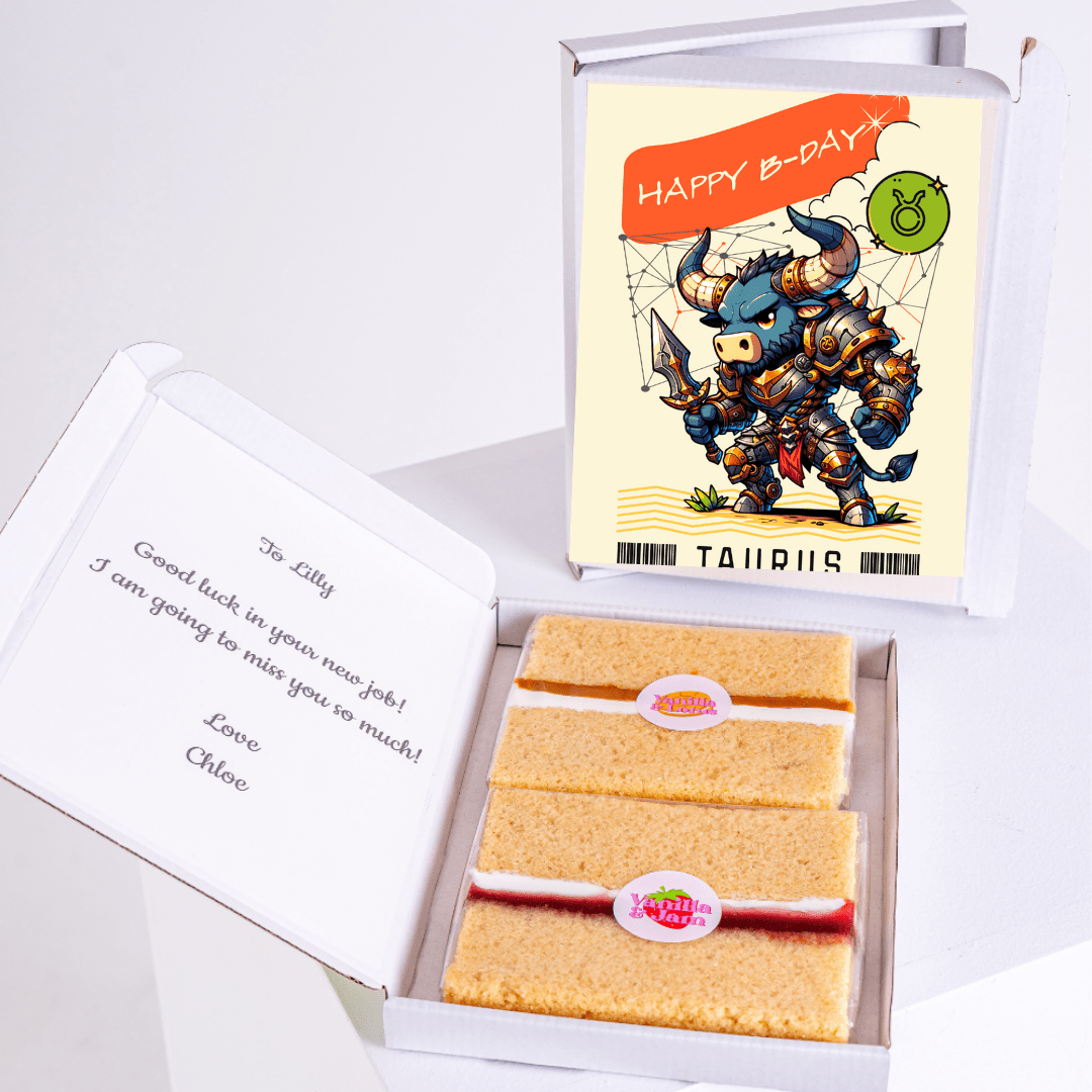 Birthday cake box with Taurus card & message for Lilly
