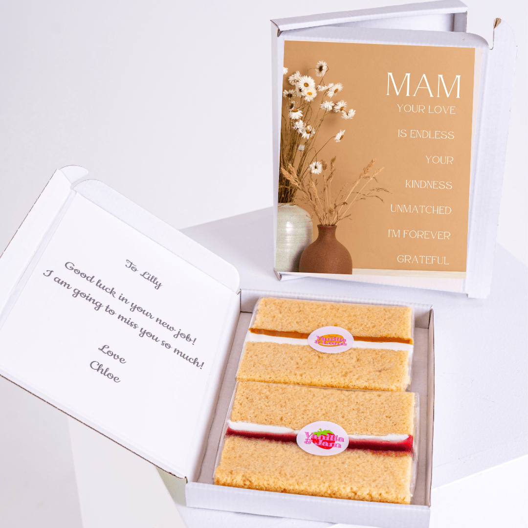Gift box with cake and card for Lilly, Mam card, and note from Chloe.