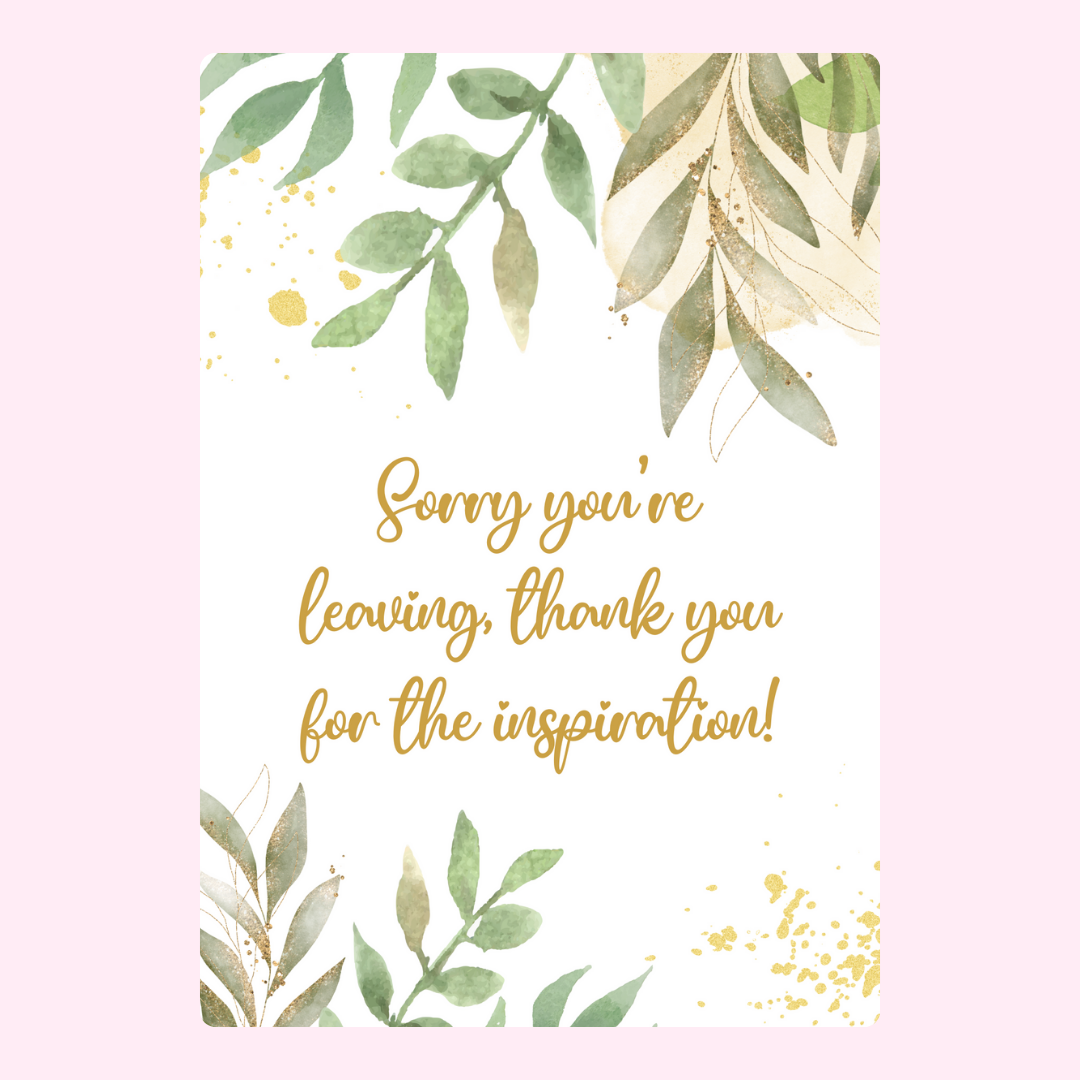 Leaving card with watercolor leaves and thank you message.