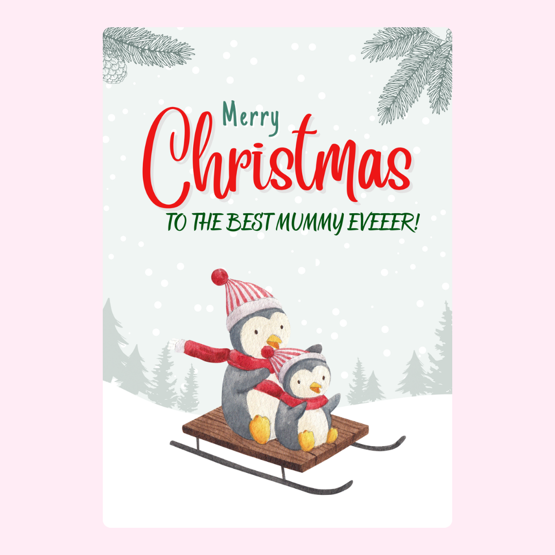 Christmas card for Mummy with penguins on a sled