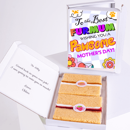 Mother's Day gift box for fur mum with cake, card, and note.