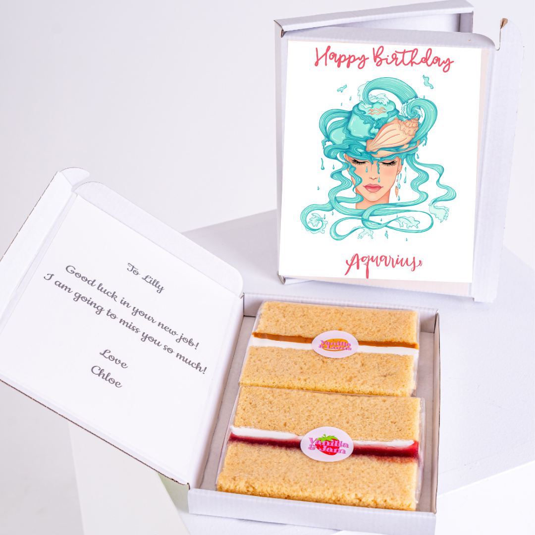 Birthday cake and Aquarius card, gift box for Lilly.