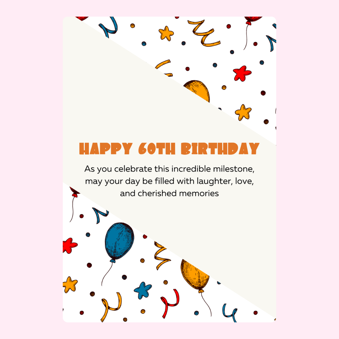 Happy 60th Birthday card with balloons and confetti