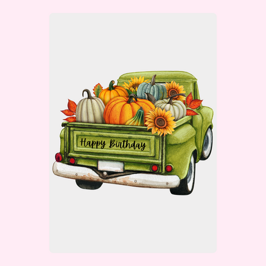 Happy Birthday truck with pumpkins and sunflowers