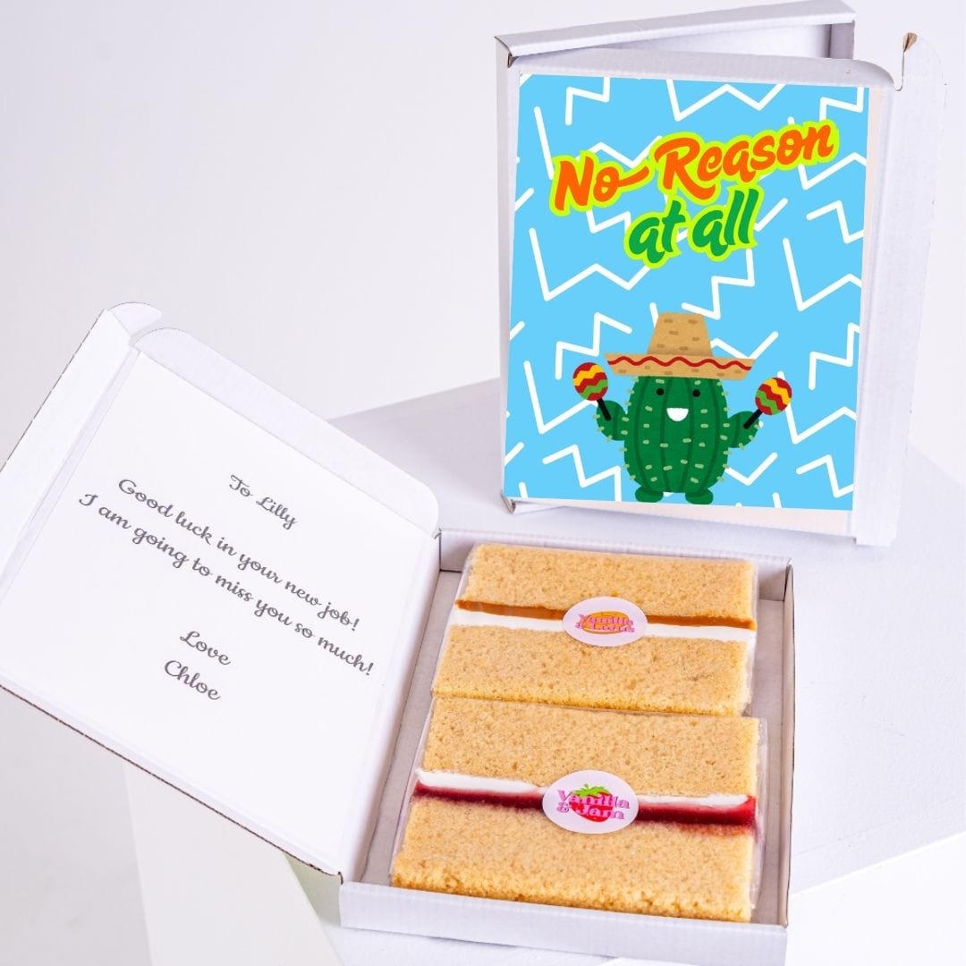 Good luck cake gift with 'No Reason at All' card