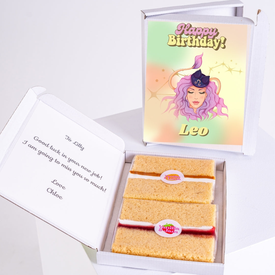 Letterbox cake gift with pastel Leo design and personalised message