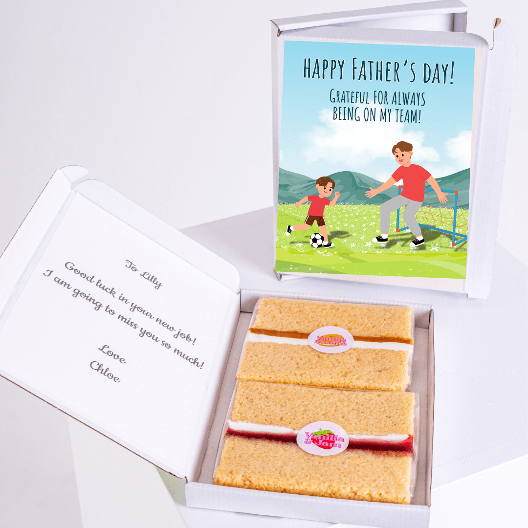 Father's Day gift box with cake, soccer scene, and message to Olly.