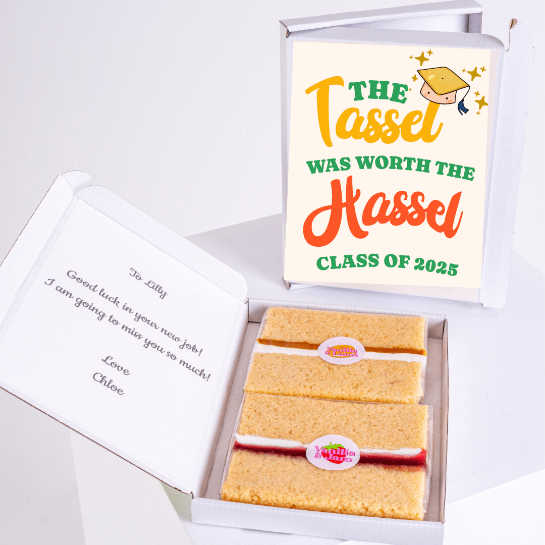 Graduation cake box with The Tassel Was Worth The Hassel message and note for...
