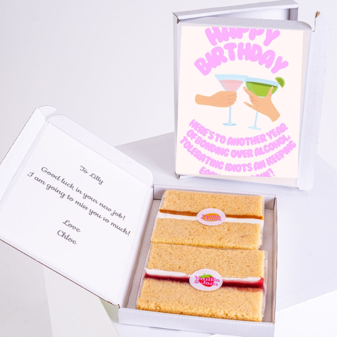 Vanilla cake gift with fun and cheeky birthday design