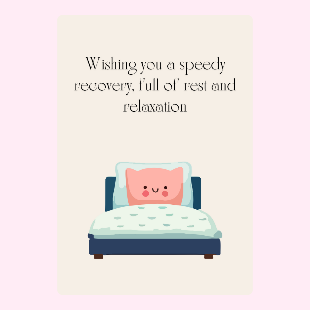 Get well soon card with bed illustration, recovery wishes.
