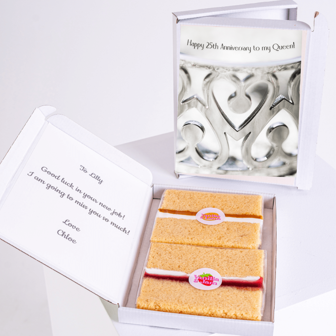 Gift box with cake, Happy 25th Anniversary, and a note to Lilly.