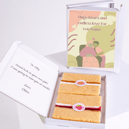 Gift box with cake and message Hugs kisses and endless love for you Nanny