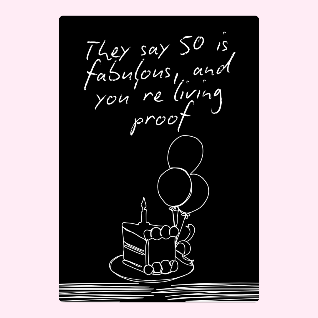 50th birthday card with cake and balloons