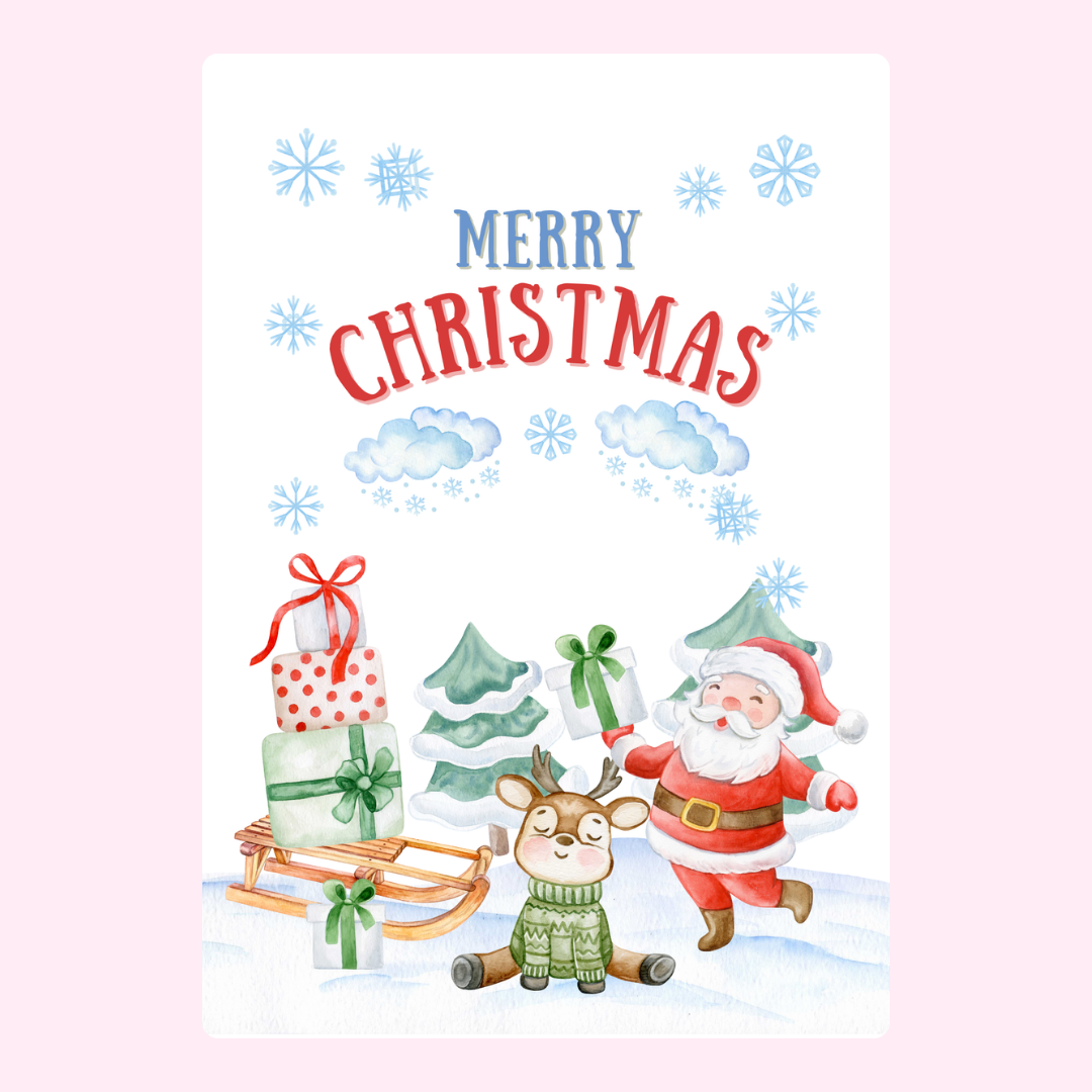 Christmas card with Santa, reindeer, and presents