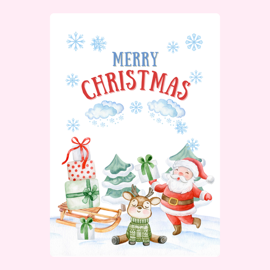 Christmas card with Santa, reindeer, and presents