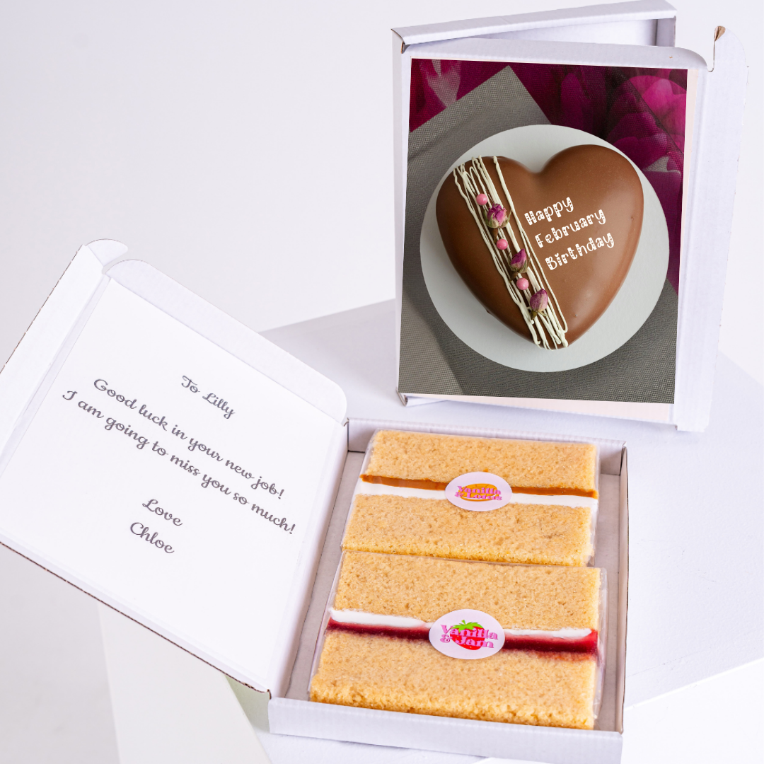 Heart-shaped birthday cake & cake slices in a gift box for Lilly.