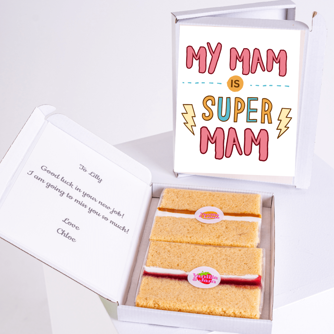 Gift box with My Mam is Super Mam card and cake slices.