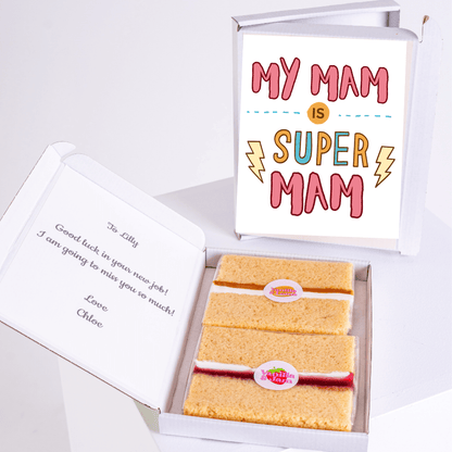 Gift box with My Mam is Super Mam card and cake slices.