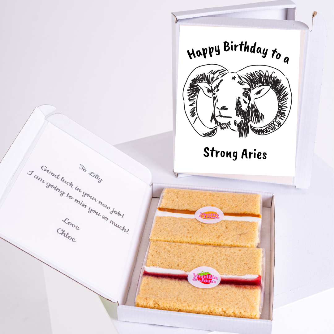 Birthday cake and card for Aries, gift box.