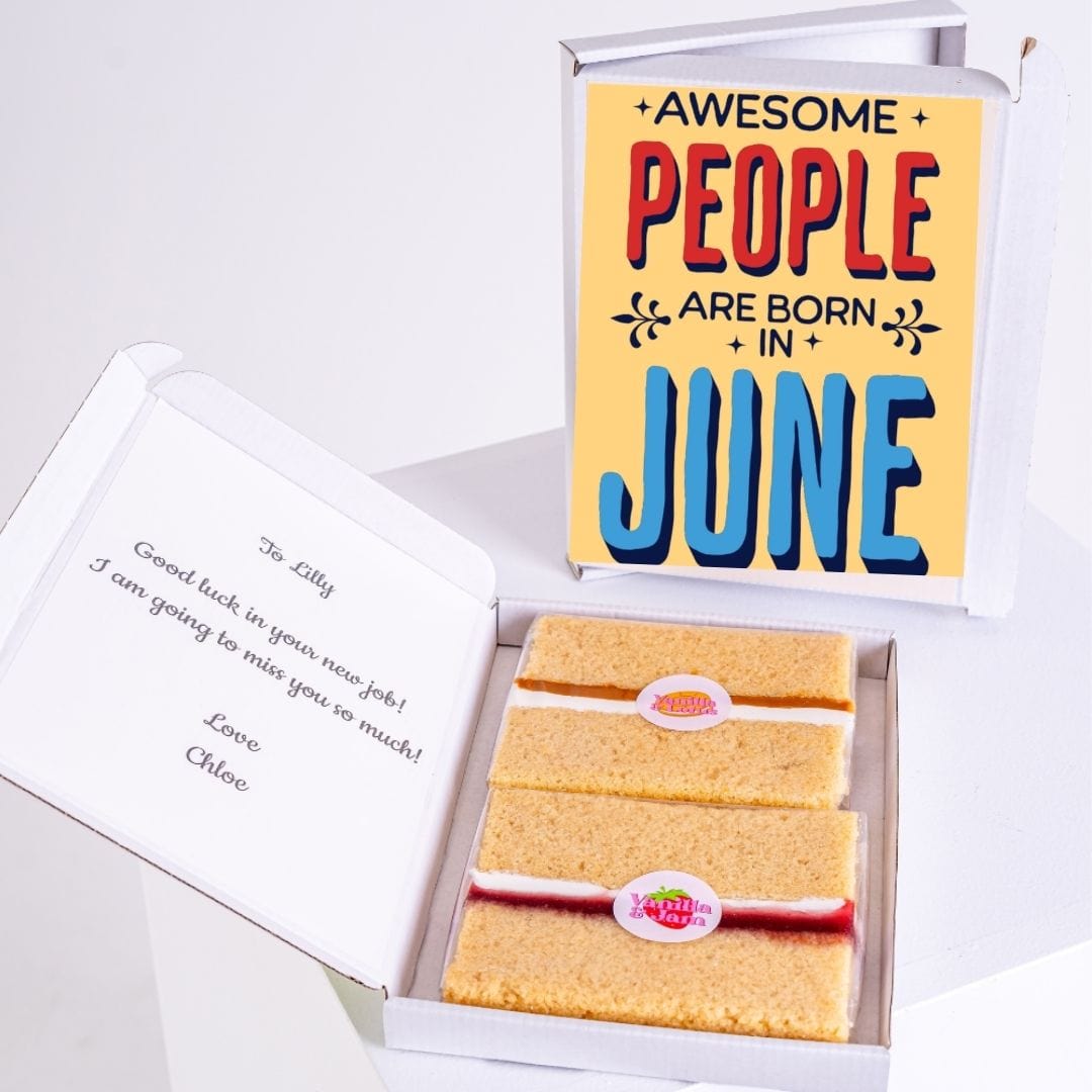 Cake slices in a box with a June birthday card.