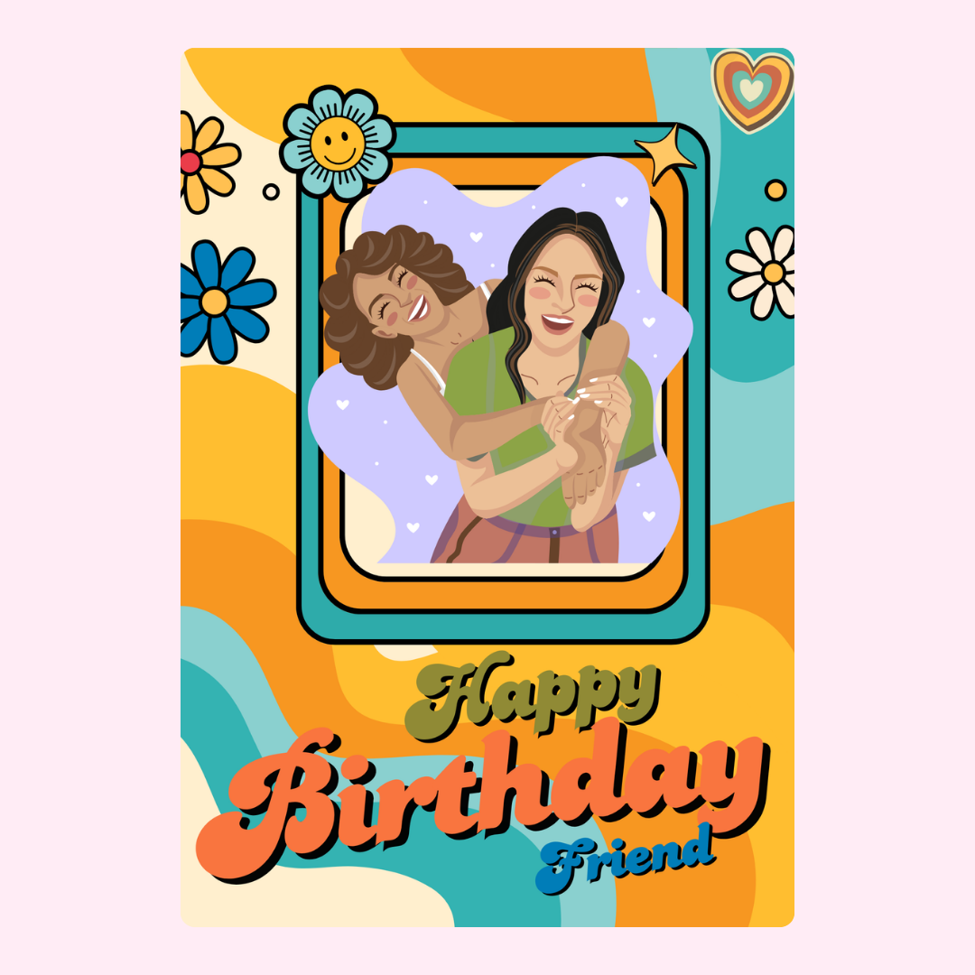 Happy Birthday card with friends, retro design