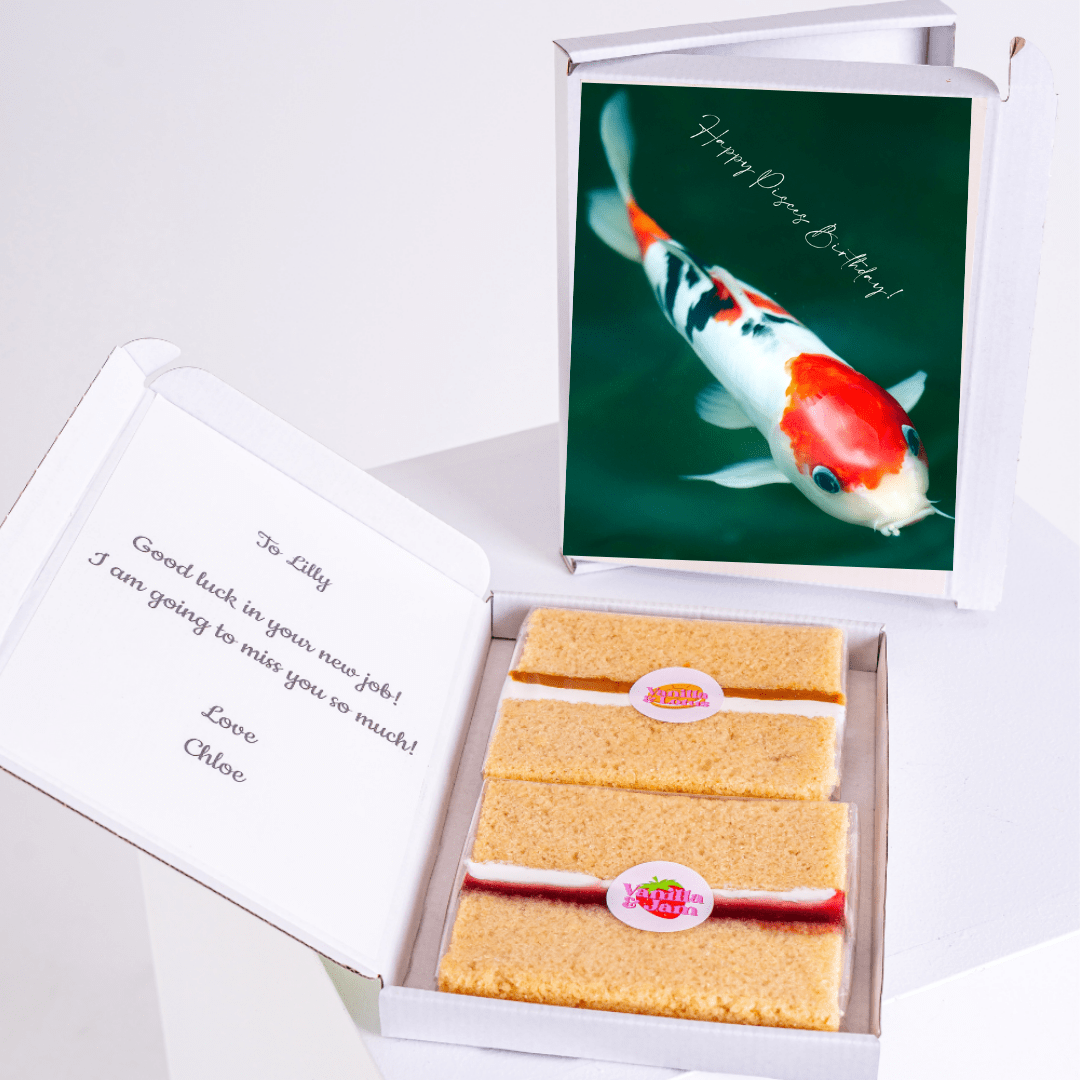 Cake gift box with koi fish card, Happy Days Birthday! & farewell message.