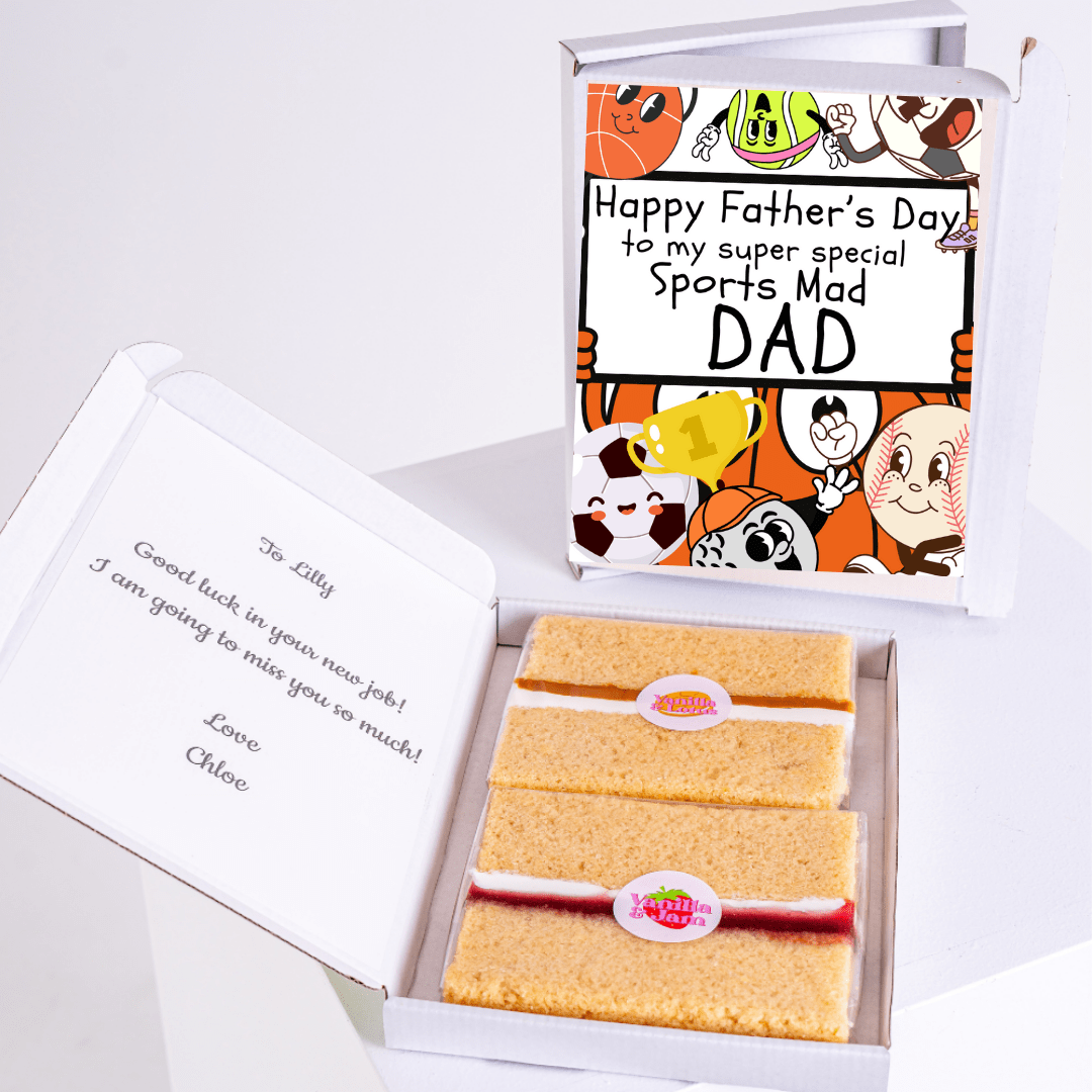 Father's Day gift box with cake and Sports Mad Dad card.
