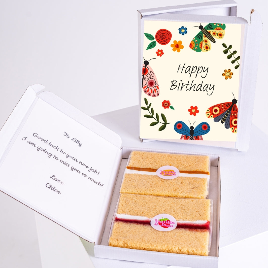 Vanilla cake gift with cheerful butterfly birthday design