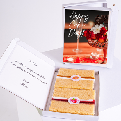 Cake day gift box with Happy Cake Day card and cake slices.