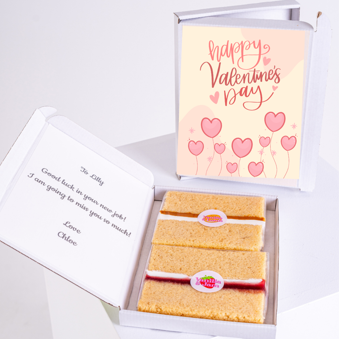 Valentine's Day gift box with cake and message to Lilly.