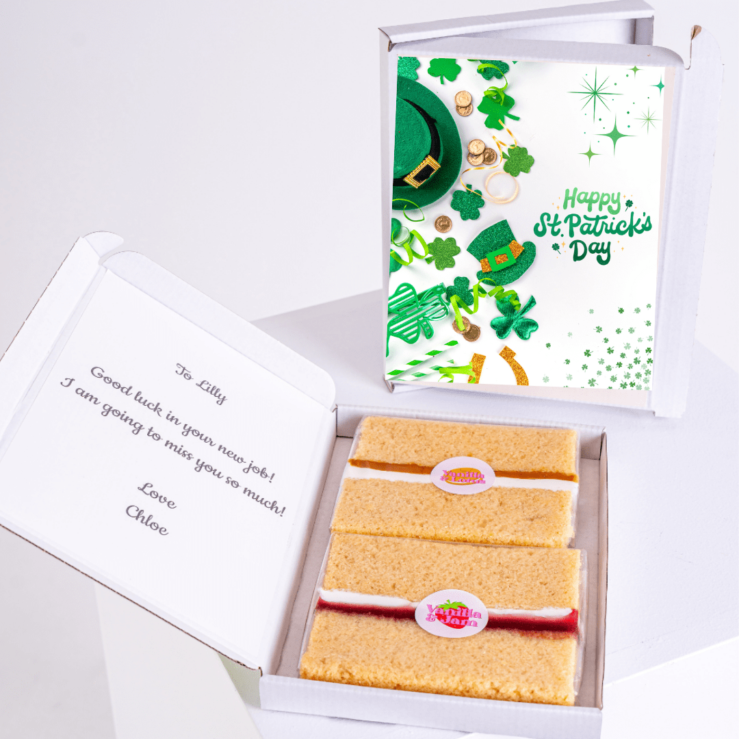 St. Patrick's Day cake box with a farewell message for Lilly.