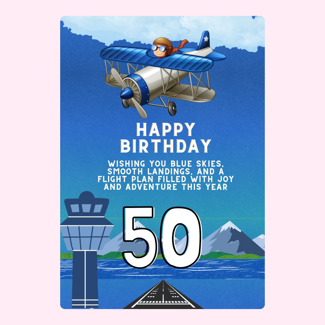 Happy 50th Birthday card with airplane and airport