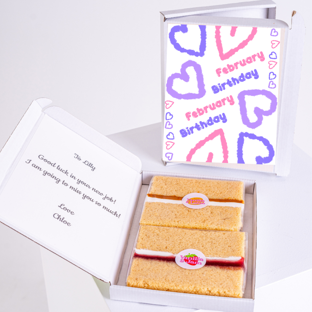 Cake gift box for Lilly's February birthday, with card.