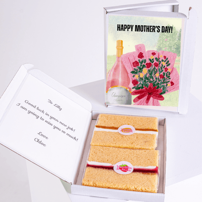 Mother's Day gift box with cake, flowers, and champagne for Lilly.