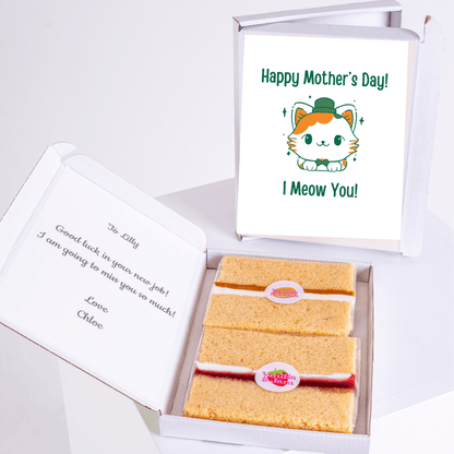 Mother's Day card & cake gift box with I Meow You & farewell message.
