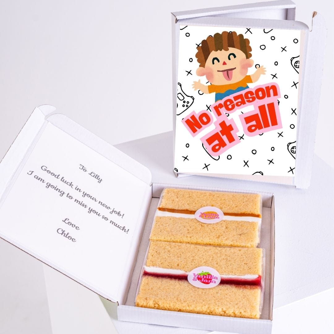 Farewell cake box with No reason at all card, from Chloe.