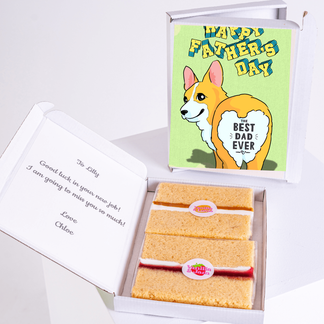 Father's Day gift box with corgi, cake, and note to Lilly.