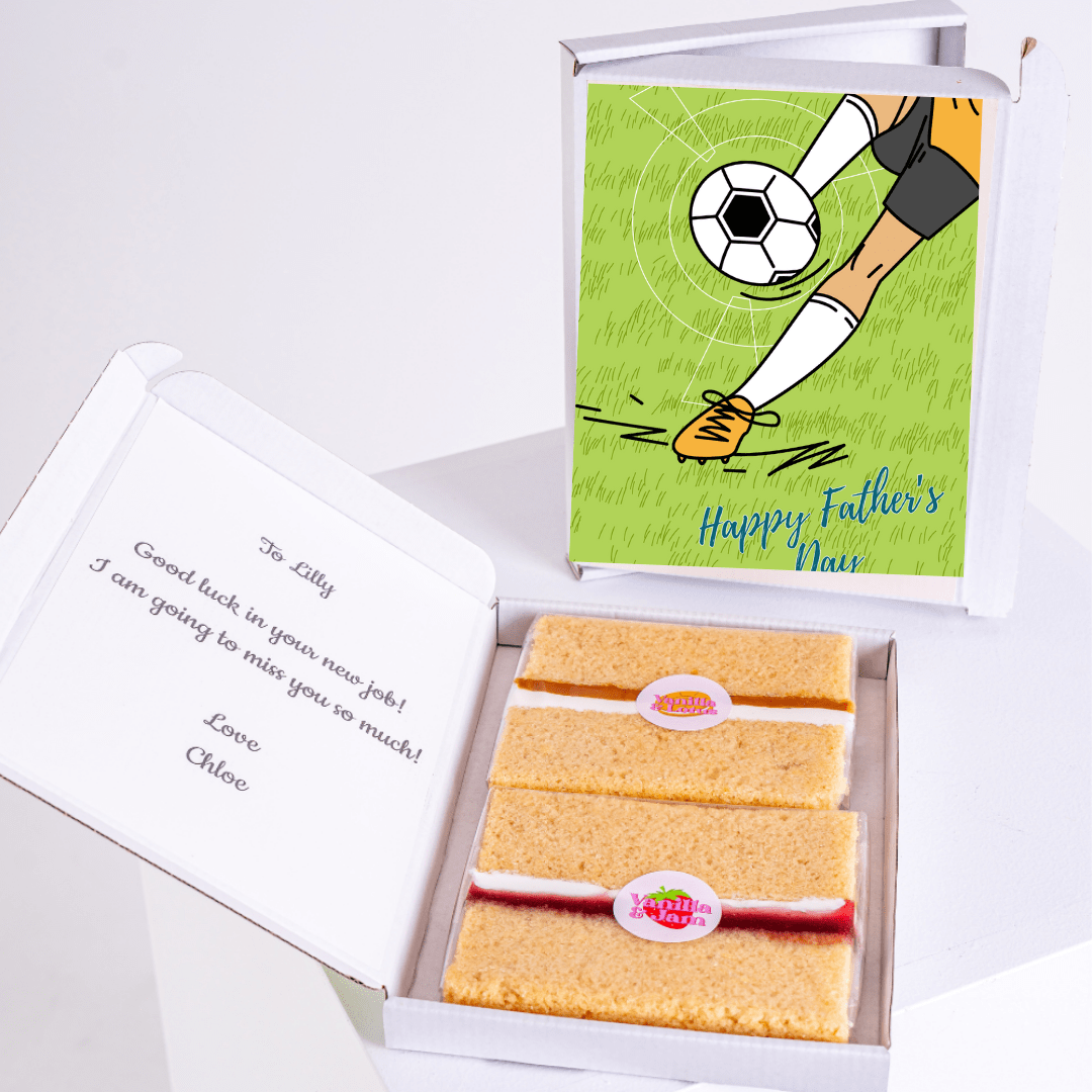 Father's Day cake with soccer card and Good luck message.