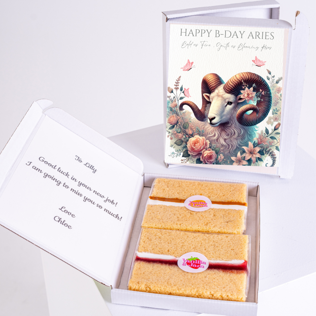 Birthday cake gift for Aries with personal message.