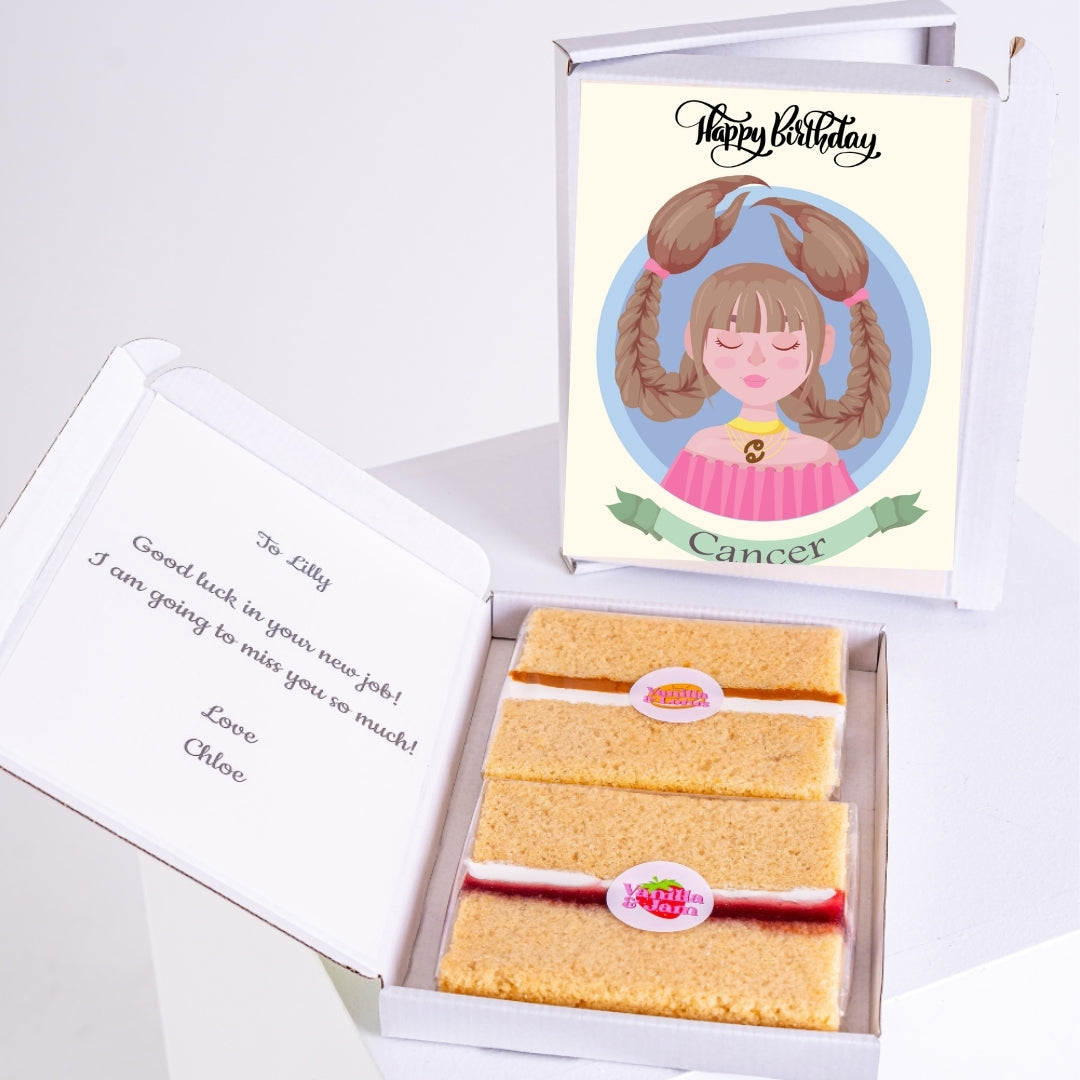 Letterbox cake gift with cute Cancer birthday girl design