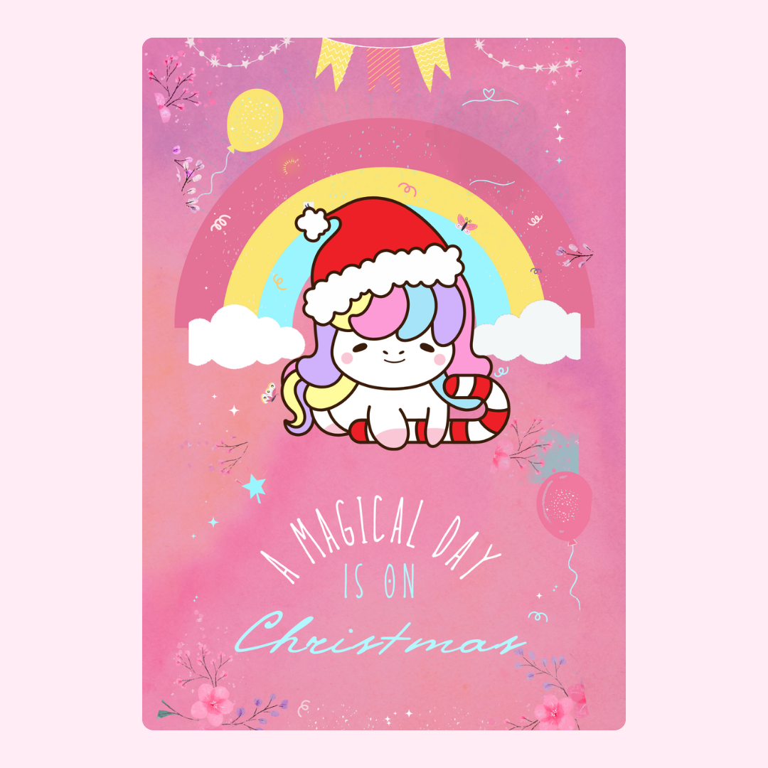 Christmas unicorn with rainbow and balloons