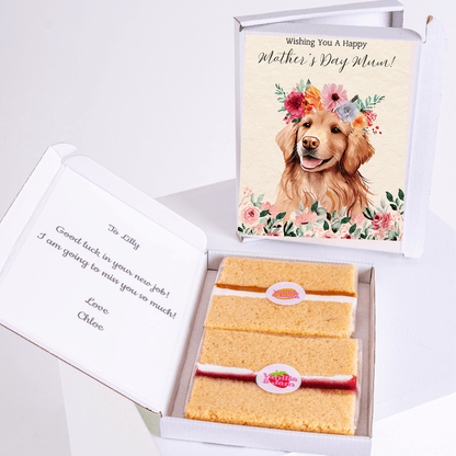 Mother's Day card and cake gift for Mum, with golden retriever and text.