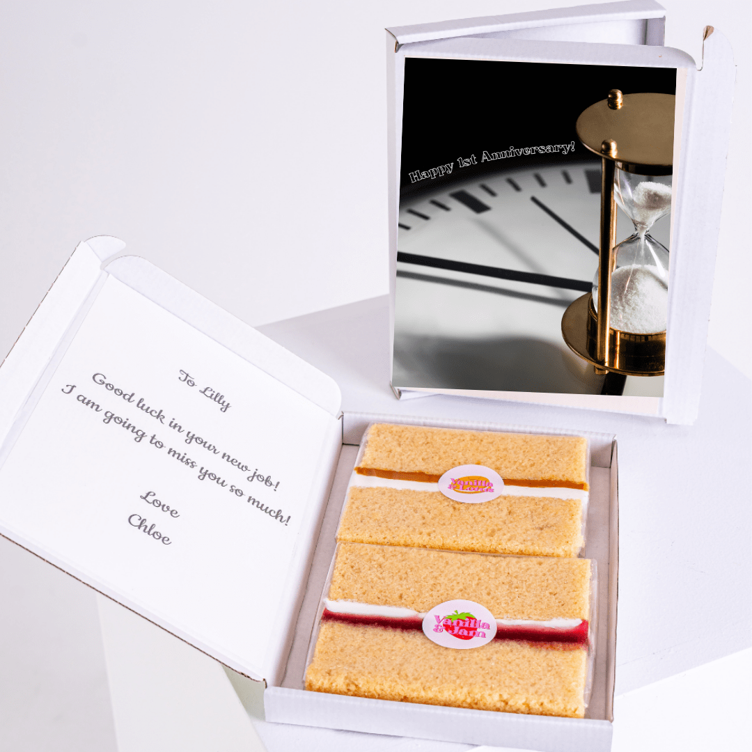 Cake gift box for Lilly, with Happy 1st Anniversary! and message.
