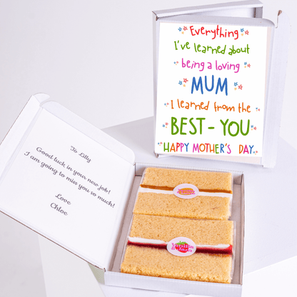 Mother's Day gift box with cake and card for Mum.