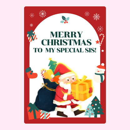 Christmas card to sister, Santa with gifts