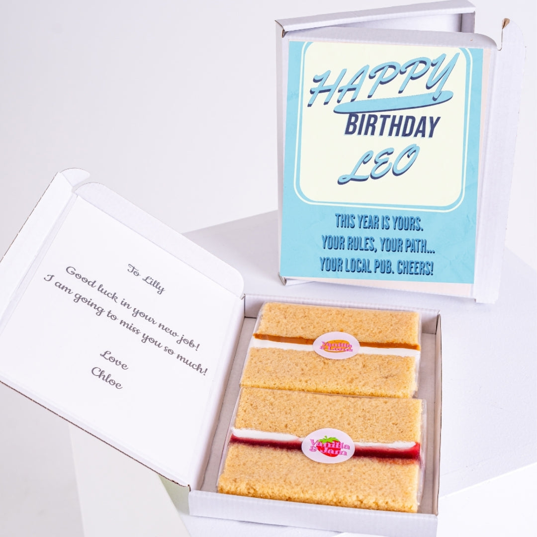 Letterbox cakes with “Happy Birthday Leo” design inside box